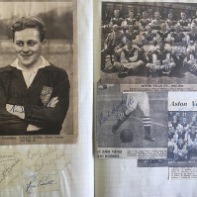 Signed 1940s Football Scrapbook: Includes Queen Of The South autograph book page signed by 10, West Brom x 13. C/W magazine pictures of team groups signed by Aston Villa Notts County West Brom Luton Leicester Newcastle Birmingham Grimsby Barnsley plus individual players from various teams. (350+ signatures)