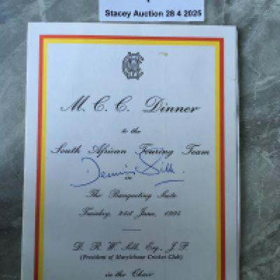 1994 South Africa Signed Cricket Menu: MCC dinner menu signed at the 1st Test at Lords on 23 7 1994. Numerous signatures to 4 page menu that comes with a signature map.
