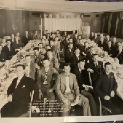 1950 Manchester United + England FA X1 USA Tour Football Photo: Original photo of the Man Utd and England team in New York on June 18 1950 at a dinner hosted by the USA national team. 20 x 10 inches on the old card paper used in the day but no press stamp.