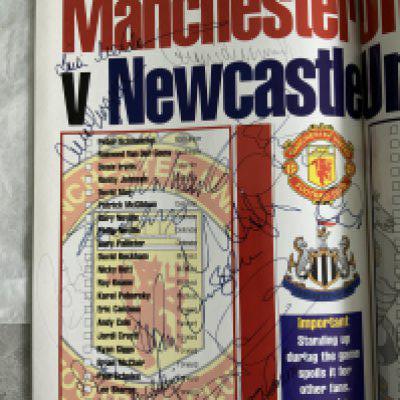 1996 Manchester United Signed Charity Shield Football Programme: Signed by 14 of the Man Utd team. Genuine autographs signed on matchday v Newcastle on team page including Beckham and Keane. C/W Newcastles team sheet for the match that was for the Manchester United changing room. (2)