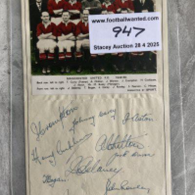 49/50 Manchester United Football Autographs: Page signed by 11 including Delaney Aston Rowley and Crompton. An original coloured team group is stuck to page. Nice item.