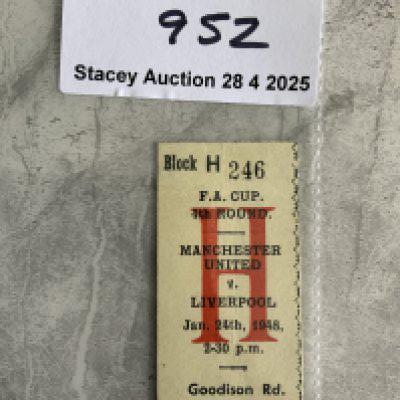47/48 Liverpool v Manchester United FA Cup Football Ticket: Played at Everton on 24 1 1948 in the season Man Utd went on to win the FA Cup. Excellent.