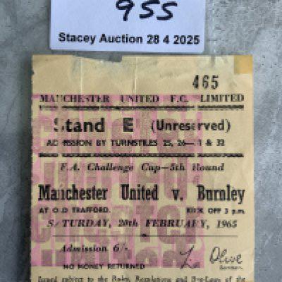 64/65 Manchester United v Burnley FA Cup Football Ticket: Dated 20 2 1965 in fair/good condition. Couple of tiniest marks where previously stuck.
