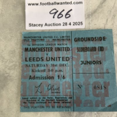 66/67 Manchester United v Leeds Utd Football Ticket: League match dated 31 12 1966 in good condition. Fold and score lightly written. Man Utd were champions this season.