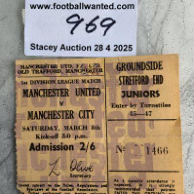 68/69 Manchester United v Manchester City Football Ticket: League match dated 8 3 1969 in fair condition. Tiny piece out of corner and pin holes.