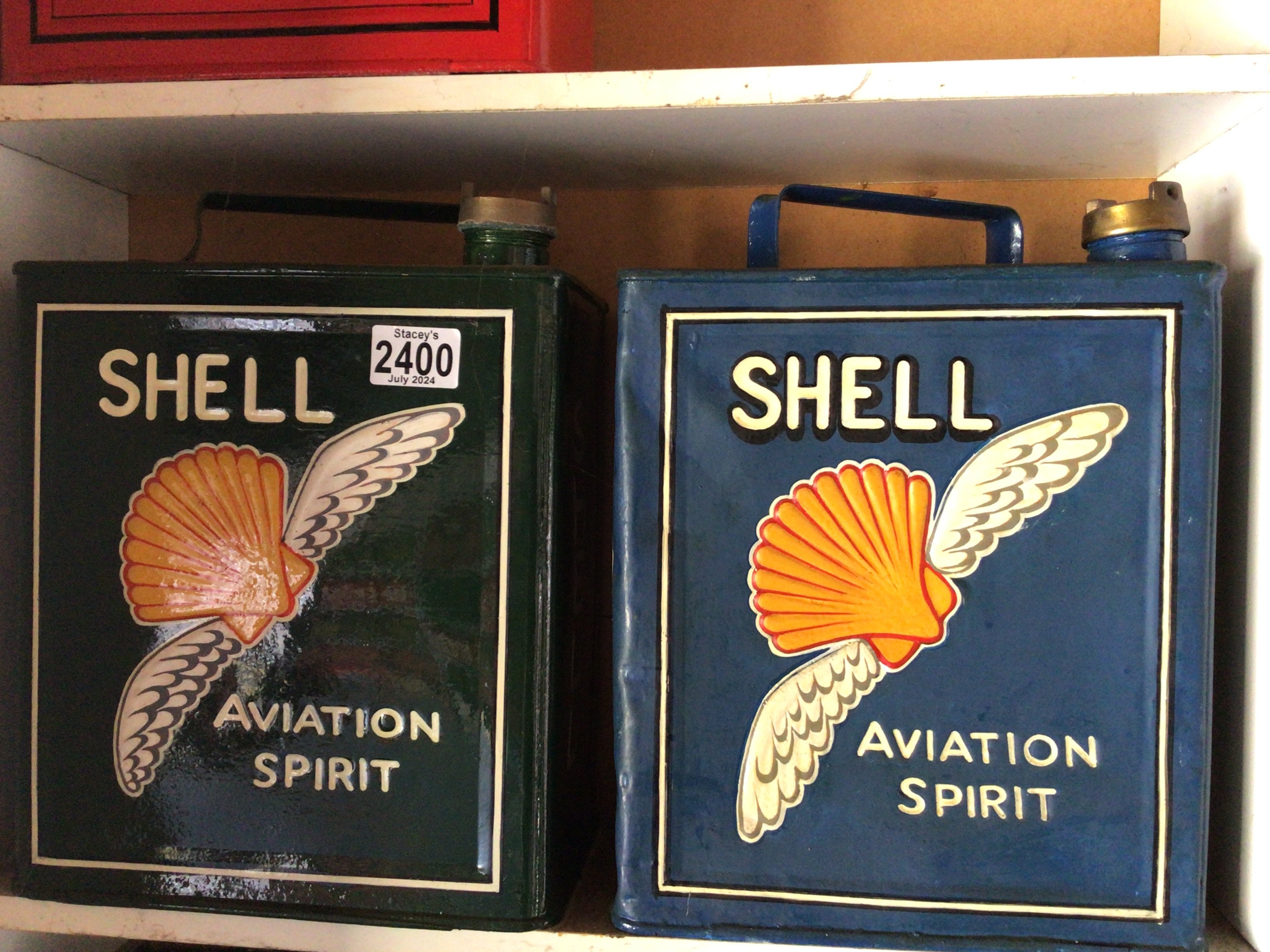 Two hand painted Vintage Shell Aviation Spirit Petrol cans. (2)