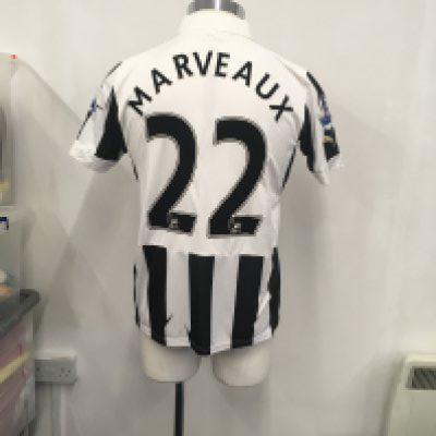 Newcastle 2012 - 2013 Match Worn Football Shirt: Home short sleeve shirt with Premiership badging to arms. Marvaeux number 22 to rear. Worn v Sunderland on 14 April 2013.