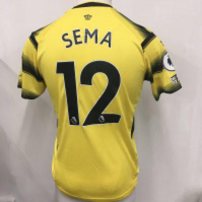 Watford 2021 - 2022 Match Worn Football Shirt: Home short sleeve shirt with Premier league badging to arms. Sema number 12 to rear. Worn v Tottenham on 1 January 2022.