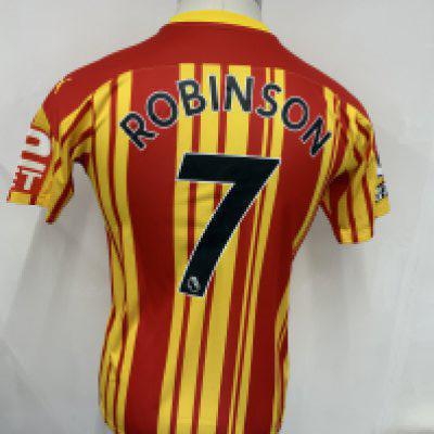 West Brom 2020 - 2021 Match Issued Football Shirt: Away short sleeve shirt with Premier league badging to arms. Robinson Number 7 to rear. Issued v Tottenham on 7 February 2021.