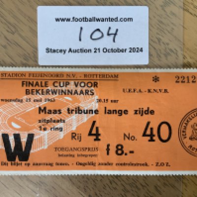 1963 ECWC Final Football Ticket: Athletico Madrid v Tottenham ticket in very good condition with light crease. C/W programme for match in Holland which is not great but does have Greaves autograph to front.