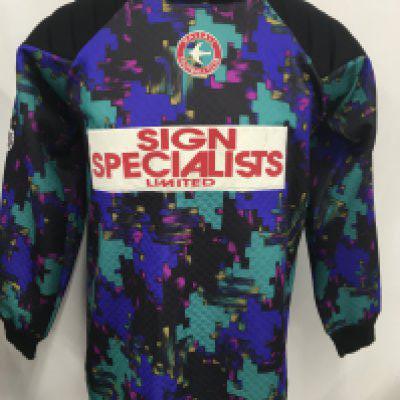 Walsall 1994 - 1995 Match Worn Goalkeepers Shirt: Long sleeve multi coloured shirt with Sign Specialists Ltd sponsorship. Number 1 to rear. Worn by Trevor Wood who made 69 appearances for Walsall. Stunning shirt made by Swift.