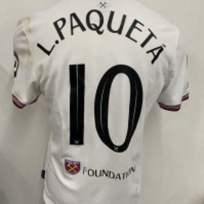West Ham 2023 - 2024 Match Worn Europa League Football Shirt: White short sleeve with Europa Conference League winners 2023 badging to arm. Number 10 Paqueta to rear. Lucas wore this in the Europa League match at Bayer Leverkusen. Unwashed.