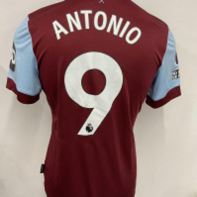 West Ham 2023 - 2024 Match Worn Football Shirt: Claret short sleeve with Premier League badging to arm. Number 9 Antonio to rear. Michail wore this in the last match of the season at Manchester City. Unwashed.