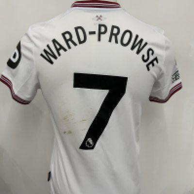 West Ham 2023 - 2024 Match Worn Away Football Shirt: White short sleeve with Premier League badging to arm. Number 7 Ward- Prowse to rear. Worn at Manchester United on 4th February 2024. Unwashed.