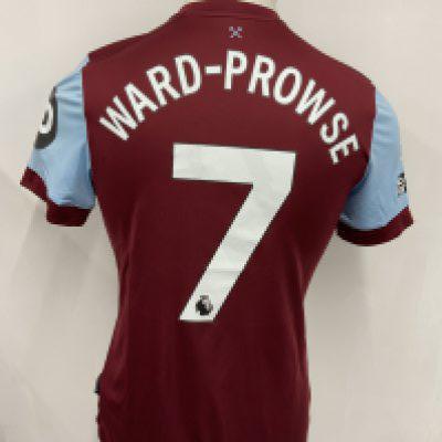 West Ham 2023 - 2024 Match Worn Football Shirt: Claret short sleeve with Premier League badging to arm. Number 7 Ward- Prowse to rear. James scored in the 3-1 victory over Luton in the last home match of the season wearing this shirt.