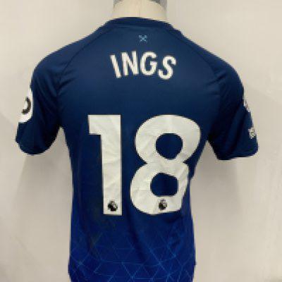 West Ham 2023 - 2024 Match Worn 3rd Kit Football Shirt: Blue short sleeve with Premier League badging to arm. Number 18 Ings to rear. Danny wore this in the FA Cup match at Bristol City. Unwashed with tear.
