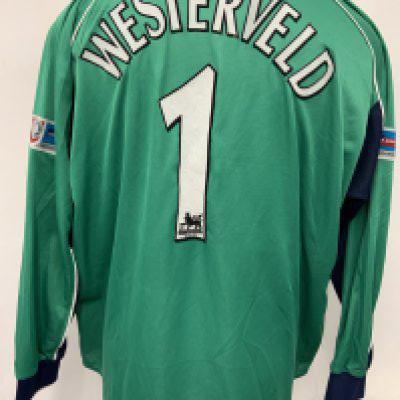 Westerveld Liverpool 2001 Charity Shield Match Worn Goalkeepers Football Shirt: Green with blue trim long sleeve goalkeepers shirt. Number 1 Westerveld to rear. Charity Shield One 2 One sleeve badging. FA Charity Shield LFC Cardiff 2001 around liver bird to breast. Excellent condition.