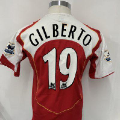Arsenal 2004 - 2005 Match Worn Home Football Shirt: Short sleeve with Premiership badging to sleeve reads 2003-2004 Champions. Gilberto number 19 to rear.