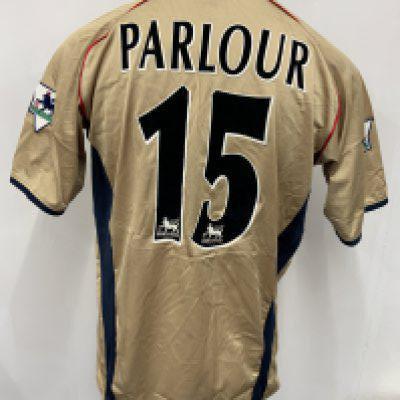 Arsenal 2001 - 2002 Match Worn Sega Football Shirt: Short sleeve gold away kit with Premier League badging to sleeve. Parlour number 15/to rear. Sega sponsor. Signed COA stating I wore this shirt v Middlesbrough on August 18th 2001.