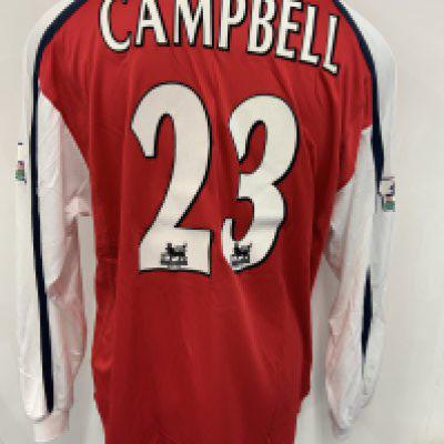 Arsenal 2001 - 2002 Match Worn Football Shirt: Long sleeve red home kit with Premier League badging to sleeves. Goalscorer Campbell with his number 23 to rear. Dreamcast sponsor. Signed COA stating I wore this shirt v Newcastle on March 2nd 2002. 4 press photos of Campbell wearing this shirt in the match where he scored.