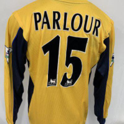 Arsenal 2000 - 2001 Match Worn Away Football Shirt: Long sleeve yellow away kit with Premier League badging to sleeve. Parlour number 15 to rear. Sega sponsor. Signed COA stating I wore this shirt v Aston Villa on September March 18th 2001.