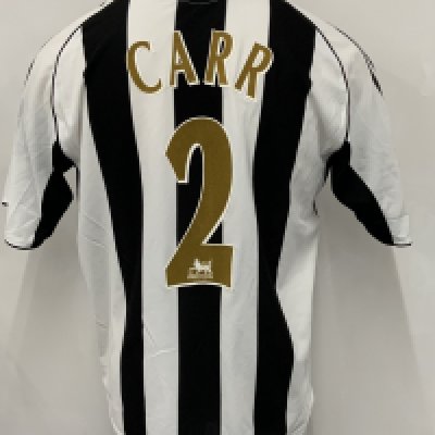 Carr Newcastle 2006 - 2007 Match Worn Football Shirt: Black and white short sleeve with Carr number 2 to rear. Premier League badging to sleeves. Swapped with Bobby Zamora. Unwashed.