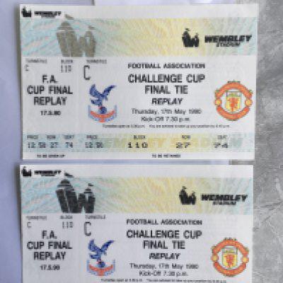 1990 FA Cup Final Replay Unused Manchester United Football Tickets: Pair of unused tickets with counterfoils for the Match where Alex Ferguson won his first Man Utd trophy in the victory over Crystal Palace. (2)