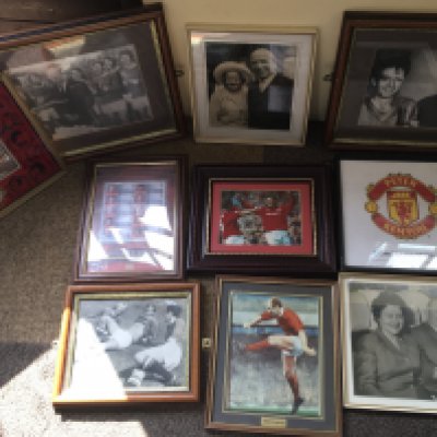Manchester United Framed Football Display Collection: Small framed items to include subjects Bobby Charlton Matt Busby 100 years stamp collection and more. 10 framed displays not for posting.