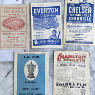 47/48 Manchester United Away Football Programmes: League matches at Charlton Chelsea Everton sof with FA Cup matches at Liverpool and Derby semi final. Good. (5)