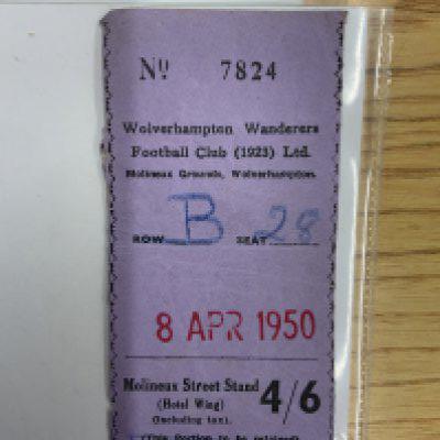 49/50 Wolves v Manchester United Football Ticket: League match dated 8 4 1950 played at Molineux. Wolves ticket has the word guest stamped and a hand written seat number and a date stamp. Wolves ended up with same points as champions Portsmouth.