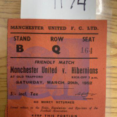 51/52 Manchester United v Hibernian Football Ticket: Friendly match dated 29 3 1952 played at Old Trafford. Very good.