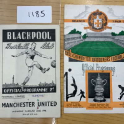 1940s Manchester United Away Football Programmes: 49/50 Wolves in excellent condition and 48/49 Blackpool which has pieces cut out inside and writing to cover. (2)