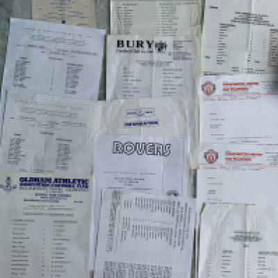 Manchester United Away Youth Football Programmes: 8 single sheets at 64/65 Everton, 71/72 Burnley, 81/82 Bolton, 84/85 Oldham, 89/90 Burnley 2 different and more. C/W 3 reserves and 3 letters regarding fixtures to Director N Burrows.