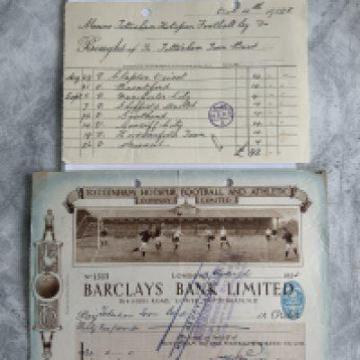 1925 Tottenham Decorative Cheque: Stunning 99 year old cheque issued by Tottenham to the Tottenham Town Band. Receipt lists all the games they played at White hard Lane in August and September for which the band was paid 4 pounds each time. Cheque for 32 pounds has match action printed to top. Excellent. (2)