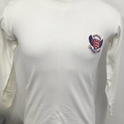 1966 English League v Scottish League Match Worn Football Shirt: White long sleeve number 9 shirt with match details embroidered either side of 3 Lions badge. Worn by John Kaye whilst playing in the match at St James Park Newcastle on 16 3 1966. Signed inside rear at the bottom by Kaye. Good.