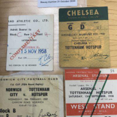 58/59 Tottenham Away Football Tickets: League matches at Chelsea Arsenal Luton plus FA cup at Norwich. Good with some having folding. (4)