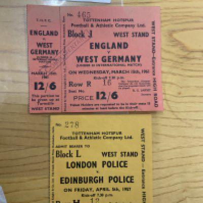 Tickets Of Football Matches Played At Tottenham: 56/57 London Police v Edinburgh Police and an unused 60/61 England v West Germany. Good. (2)