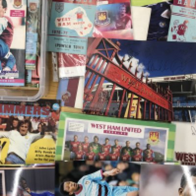 West Ham Football Memorabilia Box: Includes signed corporate pack by Dicks and Peters, Jigsaw puzzle from 89/90, signed photos and programmes, Hammers News vol 1 number 1, programmes photos and more.