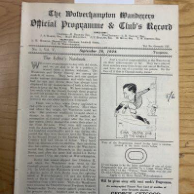 1924 - 1925 Wolves v Derby County Football Programme: Ex bound 100 years old excellent condition first team division 2 match with no writing. Now an 8 pager due to covers being removed.