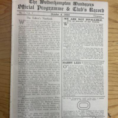 1924 - 1925 Wolves v Hull City Football Programme: Ex bound 100 years old excellent condition first team division 2 match with no writing. Now an 8 pager due to covers being removed.