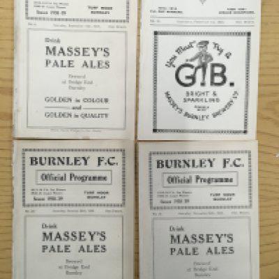 Burnley 1930s Home Football Programmes: Excellent condition first team ex bound volume programmes with covers. Includes 35/36 Bradford City, 38/39 Tranmere, West Brom + Norwich. (4)