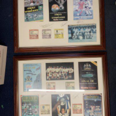 Tottenham 81 + 82 Big Match Signed Framed Displays: Frame one has all 4 cup final + replay tickets and a signed picture of Hughton holding the FA Cup. The board is additionally signed by Clemence and Perryman. Second frame has the two Charity Shield programmes and 82 League Cup final with accompanying tickets and a picture of the squad with cups. The board is signed by Clemence Perryman and Falco. Backs of frames need resealing. 2 frames not for posting.