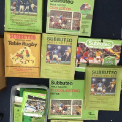 Subbuteo Football Games: Large quantity of boxed Subbuteo games with 8 boxes of football 1 rugby and a bag of accessories. Unchecked contents so must view.