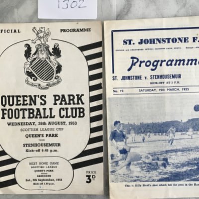 1950s Stenhousemuir Football Programmes: Aways at 54/55 St Johnstone + 53/54 Queens Park cup. Good with no team changes. (2)