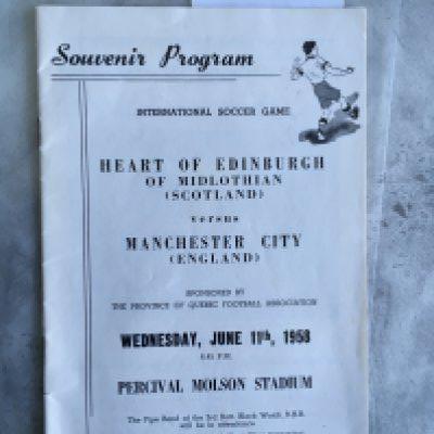 11 6 1958 Hearts v Manchester City Canada Tour Football Programme: Played at the Percival Motson Stadium in excellent condition with no writing. For Man City signed menu see lot 884.
