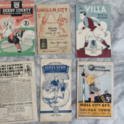 48/49 Football Programmes: Hull v Halifax, Lincoln v Grimsby, Darlington v Southport, Derby v Manchester City, Aston Villa v Arsenal, Birmingham v Leicester. Good. (6)