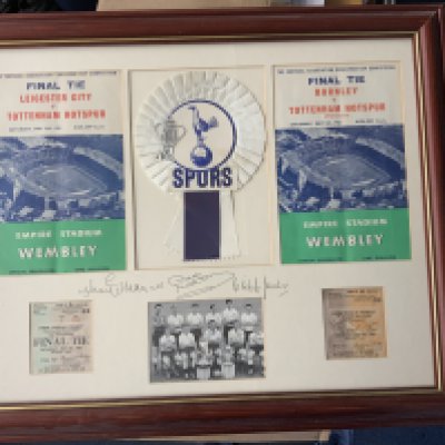Tottenham 1961 + 1962 FA Cup Final Display: Original programmes and tickets to both victorious matches. Original rosette plus a team group signed by 5 and the mounting board signed by a further 3.