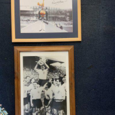 Tottenham Signed Framed Football Prints: Ltd edition print of Dyson Jones and Smith, Ardiles and Villa, Pat Jennings plus a lovely picture of the Cockerel on White Hart Lane signed by Chivers. C/W 2 other unsigned prints and a random Southend print. All framed and not for posting. (7)