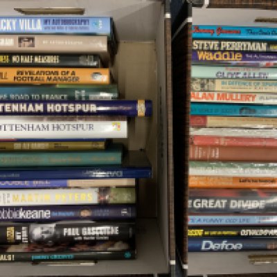 Tottenham Comprehensive Football Book Collection: An absolute must view from a private collection contained in 11 large boxes. Undedicated signed books include Van Den Hauwe, Bailey, Greaves, C Allen, Waddle, Perryman, Smith and others. Slight duplication. Mixture of hard and soft cover. Not for posting. (244)