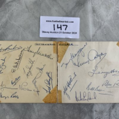 Tottenham Double Team Football Autographs: Two pages removed from autograph book (not back to back). 18 autographs include many of the 60/61 double team plus some reserves with a couple who played earlier and Mike England who signed the page later. Includes Blanchflower Marching Henry Robb Barton Aitchinson Dyson Baker Brown Norman and others. Tape marks to corners where removed from old scrapbook.